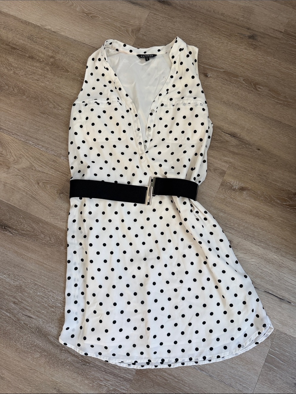 Express White Polka Dot Sleeveless Mini Dress with Black Belt